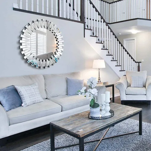 Vista 6 de Chende Espejo redondo – Espejo decorativo de 32 pulgadas con marco de vidrio biselado, acento moderno para sala de estar, vestíbulo, dormitorio