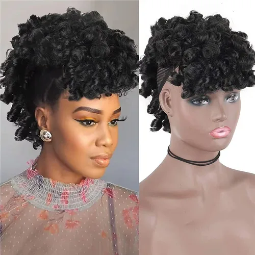 Vista 9 de Aisaide Cola de caballo afro Mohawk alta con flequillo sin cordón, extensión de cola de caballo corta rizada sin cordón, clip sintético en moño