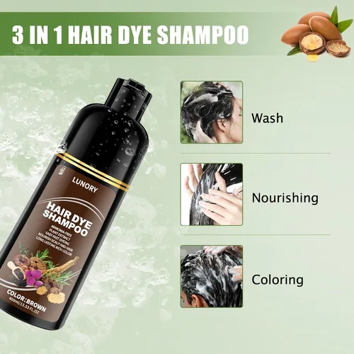Vista 8 de Champú de tinte para el cabello marrón para una cobertura 100% de canas, champú de color de cabello 3 en 1 with Argan Oil & Ginseng, Ammonia &