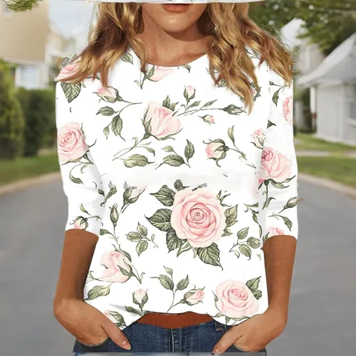 Vista 19 de Camisetas personalizadas para mujer, a la moda, casual, de séptima manga, estampada, cuello redondo, camiseta