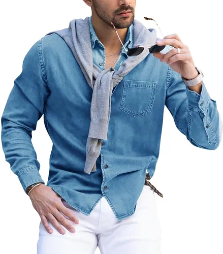 Vista 3 de Runcati Mens Denim Shirt Long Sleeve Casual Button Up Regular Fit Jean Work Durable Shirt with Chest Pocket