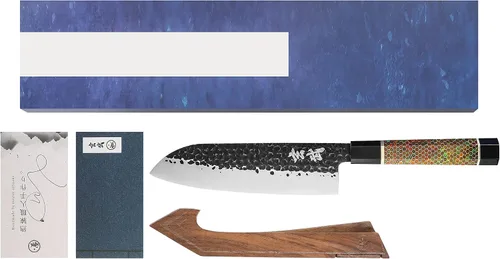 Vista 3 de Concord Genbu - Cuchillo de chef tradicional japonés martillado con doble biselado, hoja 9CR18MOV con 60 HRC. Mango de resina de concha de tortuga.