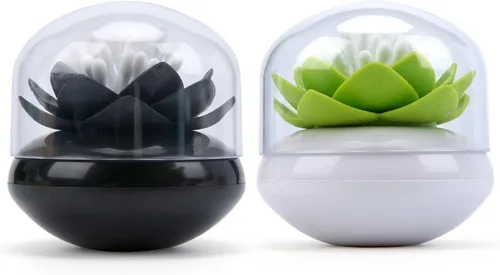 Vista 13 de Bloss - Juego de recipientes para bastoncillos de algodón con forma de flor de loto. Caja pequeña para palillos de dientes QTips. Decoración floral