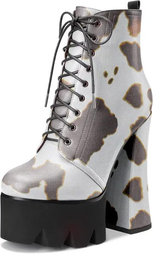 Vista 10 de HDEUOLM Botas de tobillo con tacón alto de bloque grueso para mujer, puntera redonda, botines cortos con cordones y cremallera, zapatos clásicos