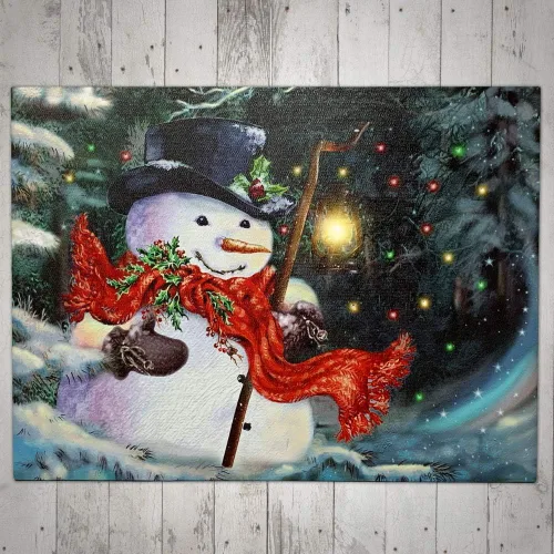 Vista 5 de Lienzo de muñeco de nieve iluminado con linterna LED, impresión de escena de invierno de Navidad, decoración navideña para colgar en la pared