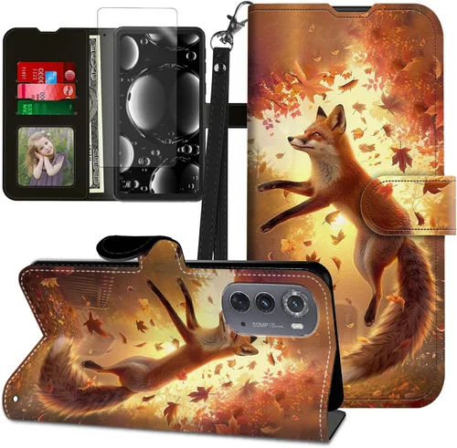 Vista 392 de Funda para Motorola Edge 2022 con protector de pantalla, soporte y tarjetero y correa para la muñeca, funda magnética para Moto Edge 2022 5G UW Lobo