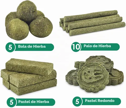 Vista 6 de ERKOON 25 juguetes masticables de conejo, 100% natural Timothy heno galleta y palitos de golosinas, juguete masticable para dientes para conejo