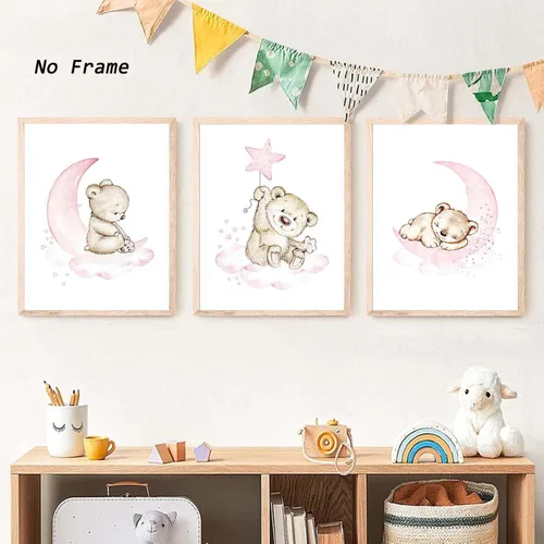 Vista 2 de Lienzo decorativo para pared de animales de dibujos animados, pintura de oso bebé, luna rosa, estrellas, nubes, impresiones de animales, habitación