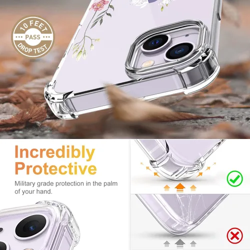 Vista 3 de Funda para iPhone 14, [3 en 1] con protector de pantalla y protector de lente de cámara, diseño de patrón de flores, transparente, suave, a prueba