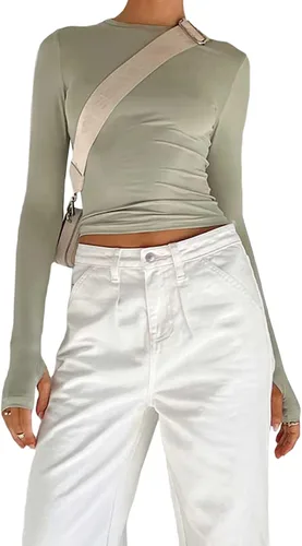 Vista 4 de Camisa sexy de manga larga para mujer, casual, lisa, ajustada, blusa corta Y2K