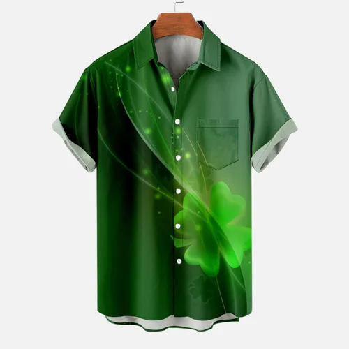 Vista 2 de Button Down T Shirt Mens St.Patrick's Lucky Green Shamrock Print Tee Blouses Lapel Short Sleeve Cardigan Tops Daily