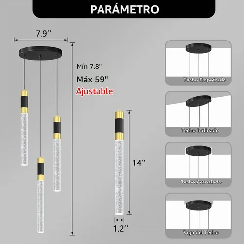 Vista 2 de Iluminación colgante moderna de 3 luces LED de cristal para isla de cocina, luz colgante regulable con control remoto 3000K-6000K para comedor sobre