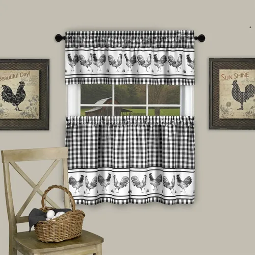 Vista 3 de PowerSellerUSA Juego de cortinas de cocina para ventana, diseño de gallo, cenefa de 58 pulgadas de ancho x 14 pulgadas de largo, color negro