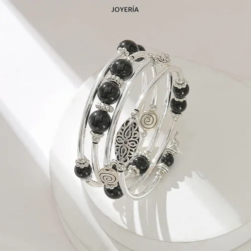 Vista 2 de FULU AUTUMN Pulseras apilables con cuentas para mujer, pulsera bohemia de plata envolvente, joyería de moda en capas, regalos para ella 17-negro