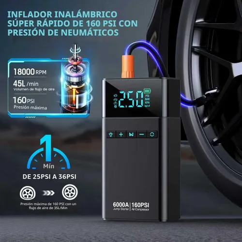 Vista 9 de 6000A batería de coche portátil arrancador con compresor de aire 160PSI 6000A-negro