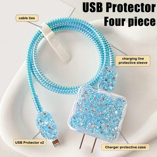 Vista 2 de CameCosy Protector de cable de lujo compatible con cargador de iPhone, diseño de borde ondulado con purpurina, funda USB de línea de datos, Azul