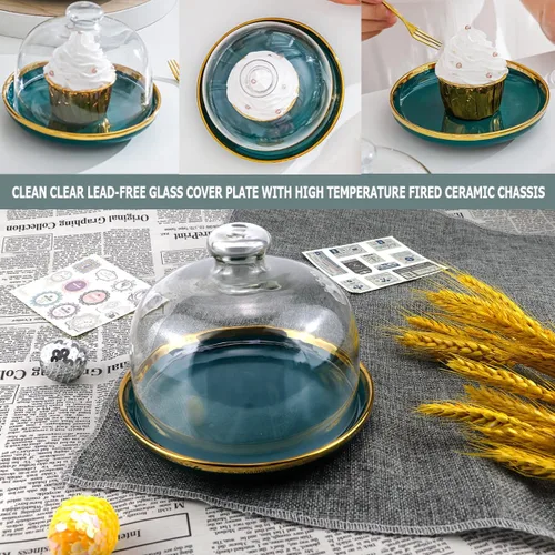 Vista 7 de DOERDO - Soporte para pasteles de 6 pulgadas con cúpula, plato de cerámica con cúpula de vidrio transparente, para macarrón, queso, postres, 6 x 4.7