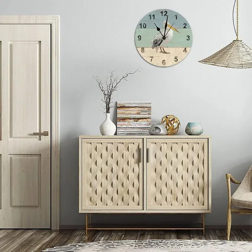 Vista 6 de Reloj de pared redondo de madera de estilo chic con números arábigos de pelícano retro, funciona con pilas, reloj de pared silencioso sin tictac