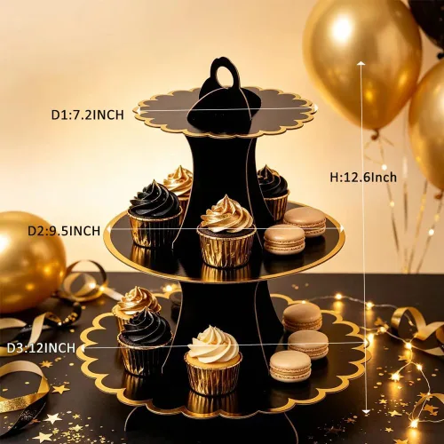 Vista 3 de MRPAPA - Soporte para cupcakes de cartón negro dorado de 3 niveles, torre BLACK-2PCS