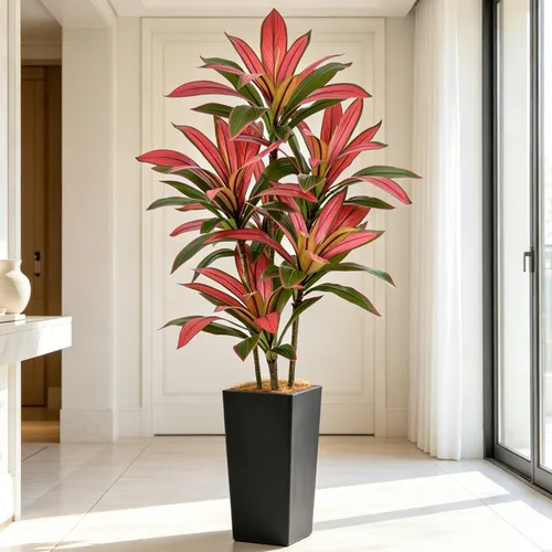 Vista 13 de Roselywed - Árbol de Dracaena artificial rojo de 5 pies, 90 hojas y maceta Maceta alta gris