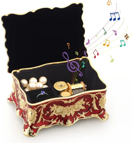Vista 19 de ROSIKING Caja de música de aleación de metal en relieve en forma de corazón azul, caja musical antigua para joyería con cuerda, regalos