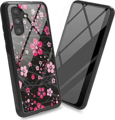 Vista 24 de Funda para Samsung Galaxy A13 5G con protector de pantalla, cubierta trasera de vidrio templado, diseño de flores de gato negro, marco de Flores