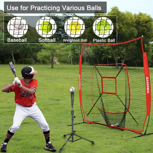 Vista 4 de BaseGoal Red de práctica de sóftbol de béisbol de 7 x 7 pies, respaldo de béisbol, con camiseta de bateo, para golpear lanzar, batear, atrapar