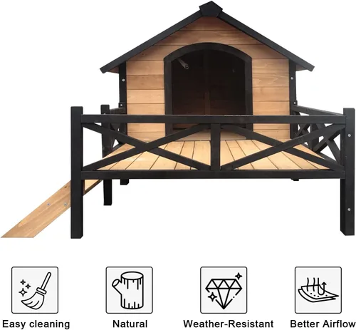 Vista 6 de Casa grande para perros al aire libre con porche: refugio elevado de madera para perros - Cabaña de madera resistente a la intemperie