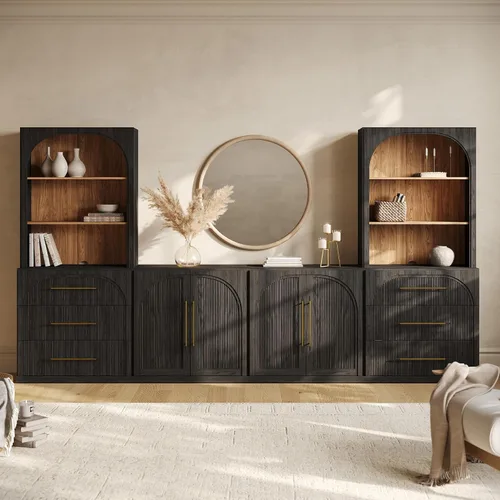 Vista 11 de BELLEZE Centro de entretenimiento modular de 4 piezas con almacenamiento, 2 vitrinas de madera moderna con gabinete arqueado y 2 armarios de puerta