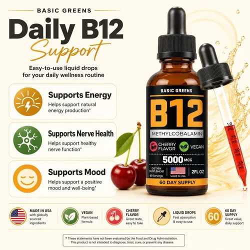 Vista 2 de B12 Liquid Drops Sublingual 5000 mcg Metilcobalamina, cereza vegana 2 Fl Oz