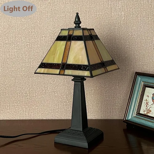 Vista 8 de Tiffany - Lámpara de mesa pequeña hecha a mano con vitrales, lámpara de escritorio antigua estilo misión ámbar para dormitorio, sala de estar