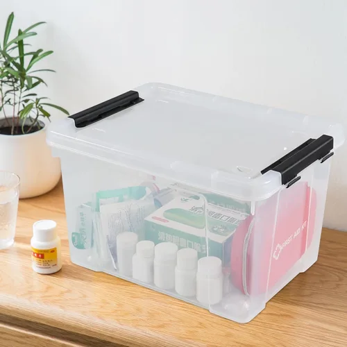 Vista 6 de Paquete de 4 contenedores de plástico transparente de 23 L con ruedas y pestillos Contenedores de almacenamiento transparentes con tapa, diseño