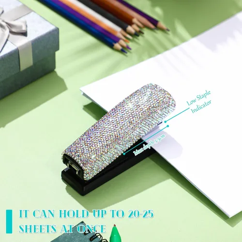 Vista 4 de Yexiya - Grapadora de colores AB para escritorio, con diamantes de imitación, regalo de regreso a clases, capacidad de 20 hojas con 1000 grapas