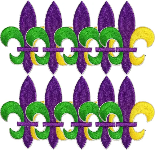 Vista 4 de 10 parches bordados de Mardi Gras Fleur De Lis, color morado, verde y dorado, parches de transferencia cosidos para ropa, sombreros, zapatos, jeans