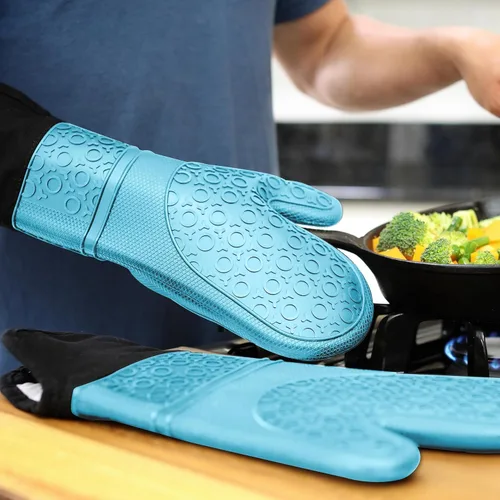 Vista 9 de HOMWE - Manopla de horno profesional y extralarga de silicona, guantes con forro acolchado, agarraderas resistentes al calor, guantes flexibles