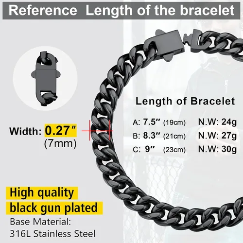 Vista 6 de ChainsProMax Pulseras de cadena cubana de acero inoxidable para hombre, 5790.472 in de ancho, 7.58.39 pulgadas de largo, negrodorado