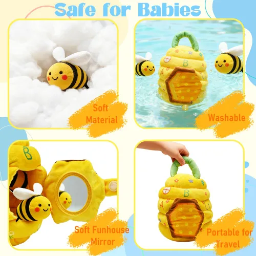Vista 3 de Juguetes para bebés de 6 a 12 meses, juguetes Montessori de colmena para niños de 1 año con 5 abejas sensoriales de peluche, arrugados, sonajeros