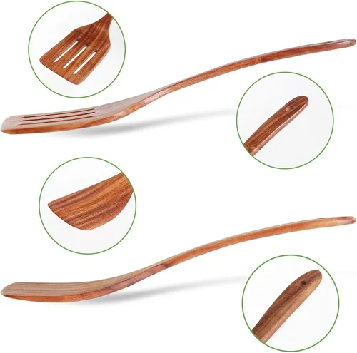Vista 3 de Paquete de 2 espátulas de madera, espátula de madera de acacia con mango largo, cucharas de madera hechas a mano para cocinar, juego de utensilios