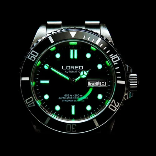 Vista 2 de LOREO Reloj de pulsera de nailon negro con bisel giratorio para hombre, de acero inoxidable, con bisel giratorio, fecha, semana, color negro, Negro