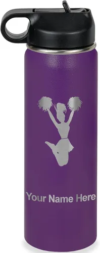 Vista 48 de LaserGram Botella de agua con tapa abatible de doble pared de 12 onzas con pajita, animadora, grabado personalizado incluido (negro)