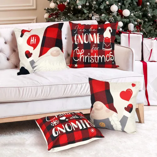 Vista 3 de D-FantiX Juego de 4 fundas de almohada navideñas de gnomo de 18 x 18 pulgadas, fundas de almohada decorativas para decoración de Navidad