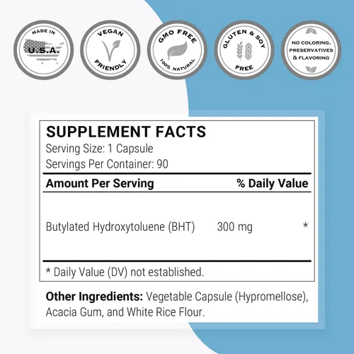 Vista 4 de Supersmart - BHT 300 mg por día - Hidroxitolueno butilado - Potente antioxidante y apoyo inmunológico - Suplemento antienvejecimiento Sin OMG