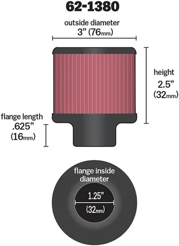 Vista 3 de K&N Filtro de aire de ventilación/respiradero: Alto rendimiento, Premium, Lavable, Filtro de motor de repuesto: Diámetro de la brida: 1.25 pulgadas