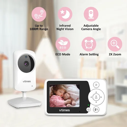 Vista 3 de VTimes Monitor de bebé con cámara y audio, monitor de video para bebé, sin wifi, visión nocturna, pantalla LCD de 2.4", monitor de cámara portátil