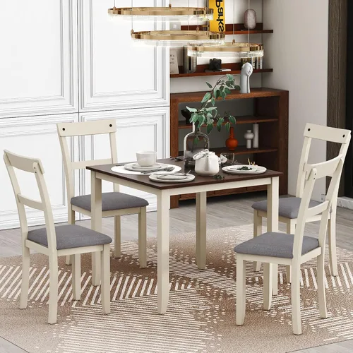 Vista 19 de Juego de mesa de comedor funcional retro de 5 piezas, mesa de comedor redonda extensible de madera y 4 sillas de comedor tapizadas para restaurante