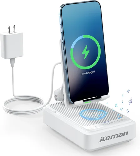 Vista 10 de Jteman Soporte para teléfono celular con altavoz Bluetooth y cargador inalámbrico, soporte de estación de carga de escritorio con altavoz