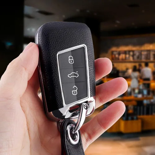 Vista 3 de ontto Funda de cuero para llavero VW Smart Remote Key Case para Volkswagen, Negro