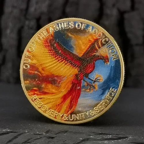 Vista 3 de Phoenix in Flames - Chip de sobriedad que se levanta de la adicción con fuerza AA Medallion Recovery Challenge Coin