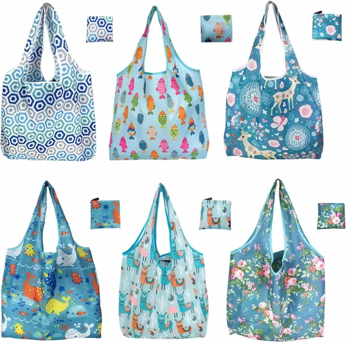Vista 7 de Paquete de 6 bolsas de comestibles reutilizables resistentes con asas, bolsas de compras reutilizables para mujeres, plegables, lavables