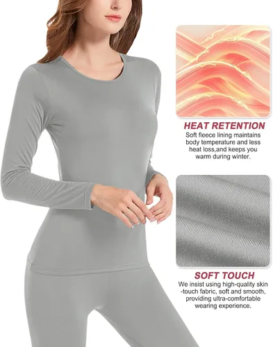 Vista 4 de Conjunto de ropa interior térmica para mujer capa base de forro polar de poliéster suave parte superior e inferior de pantalones largos